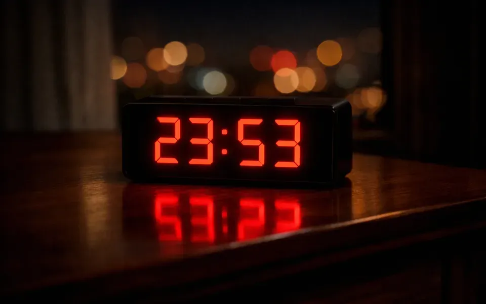 Réveil numérique affichant 23h53