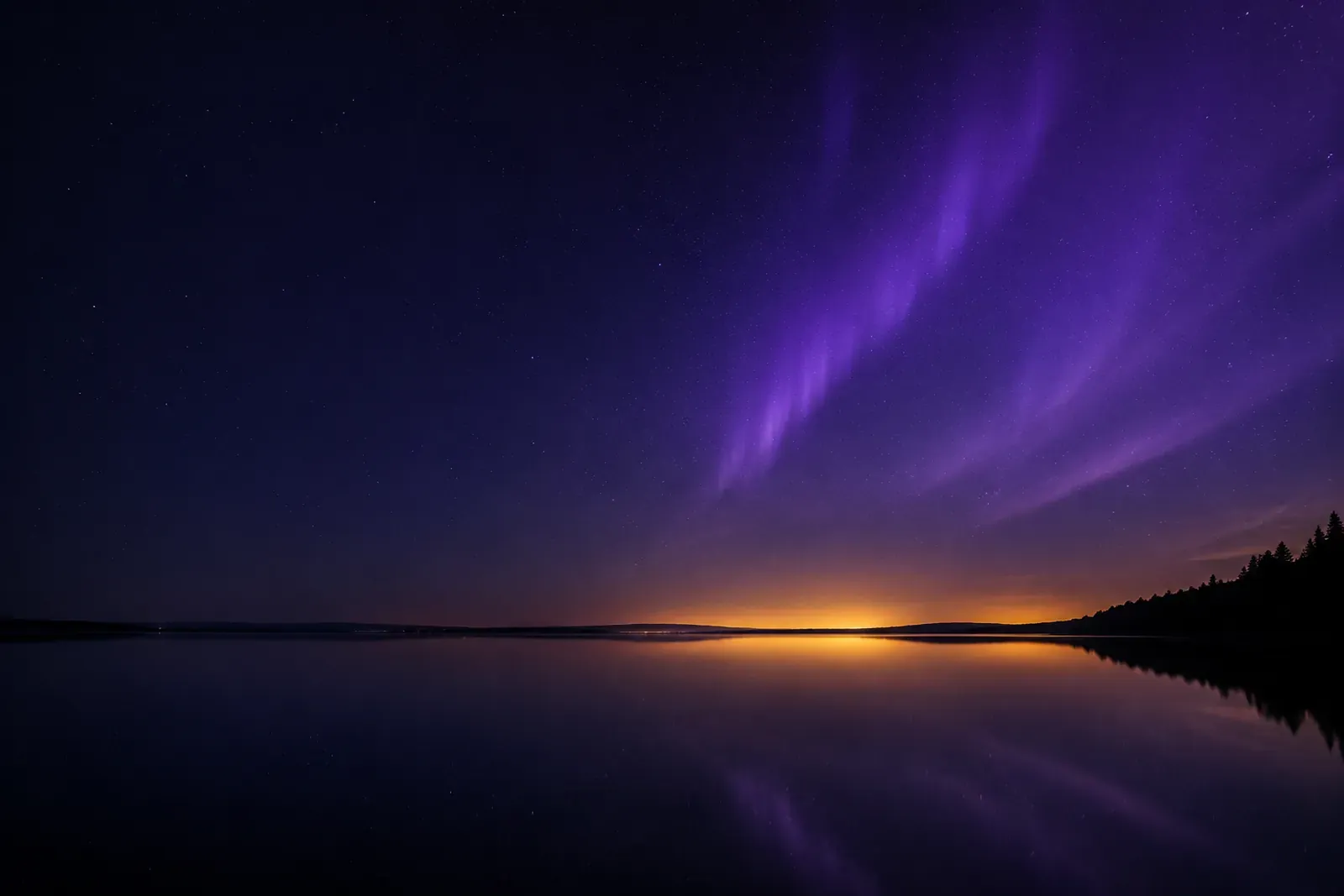 Ciel indigo étoilé au-dessus d'un lac calme, fine bande dorée à l'horizon