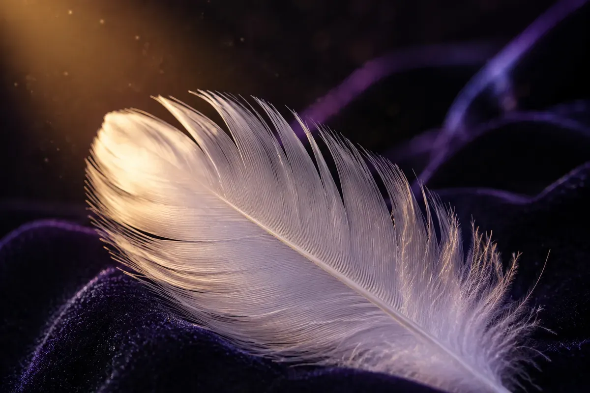 Plume blanche posée sur du velours indigo, éclairée par un faisceau doré