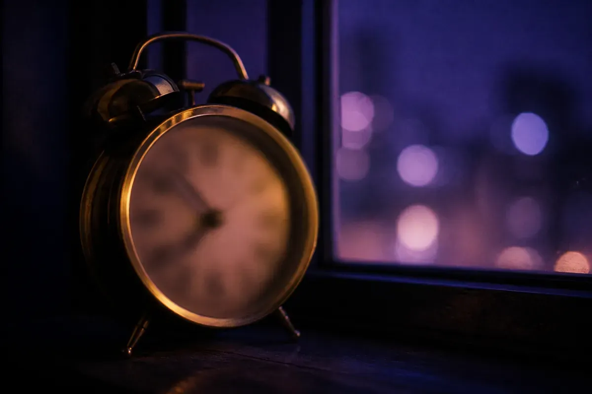 Réveil en laiton posé sur un rebord de fenêtre la nuit, cadran flou
